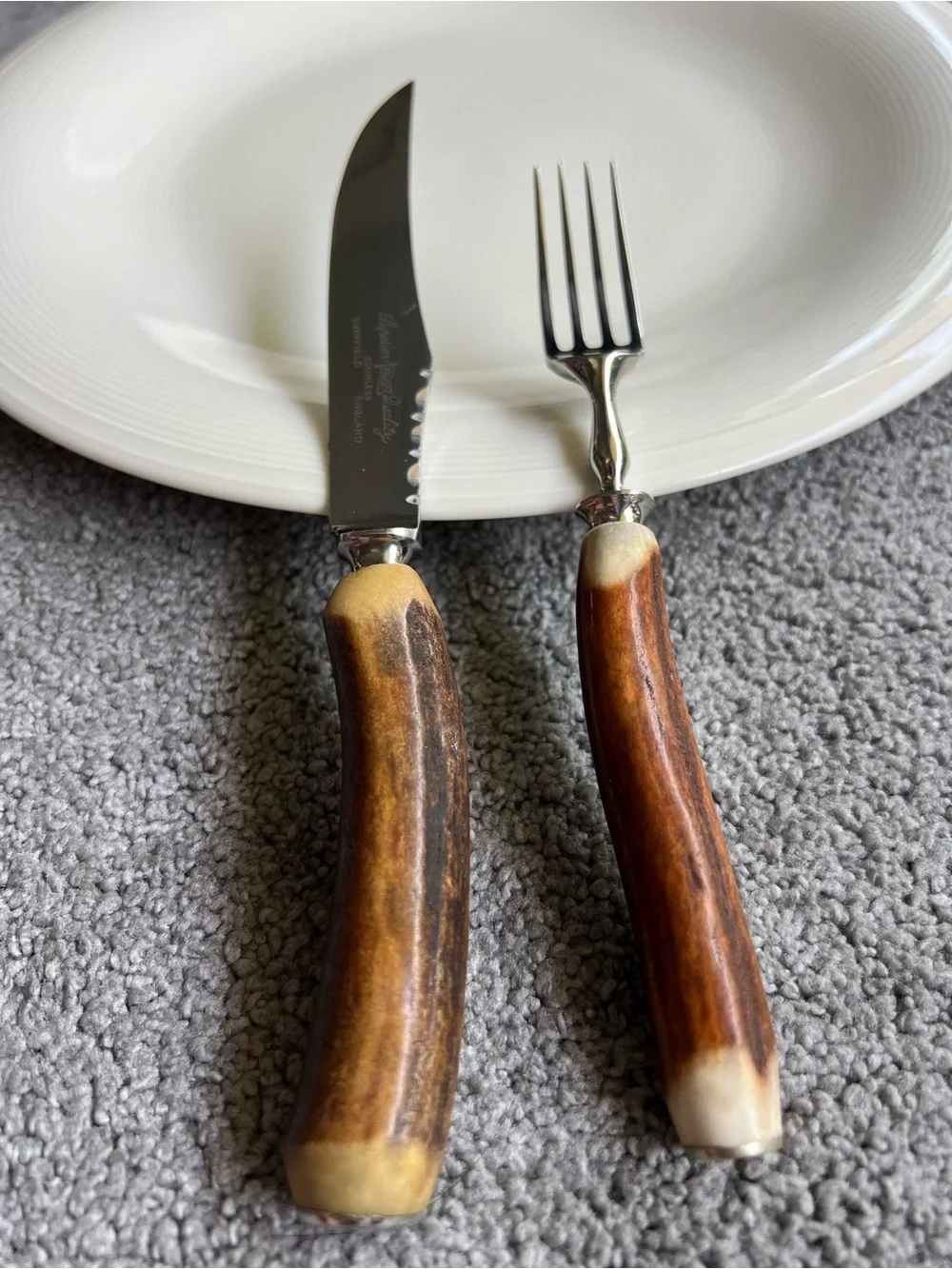 Unused Vintage BRUCUT Sheffield England Stag Handle Steak Knives & Forks⁠